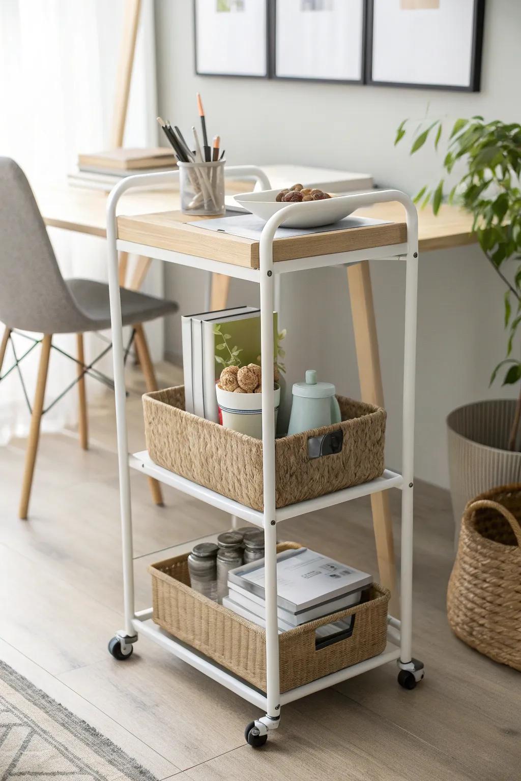 A slim side cart keeps desk essentials close—without turning your workspace into clutter.