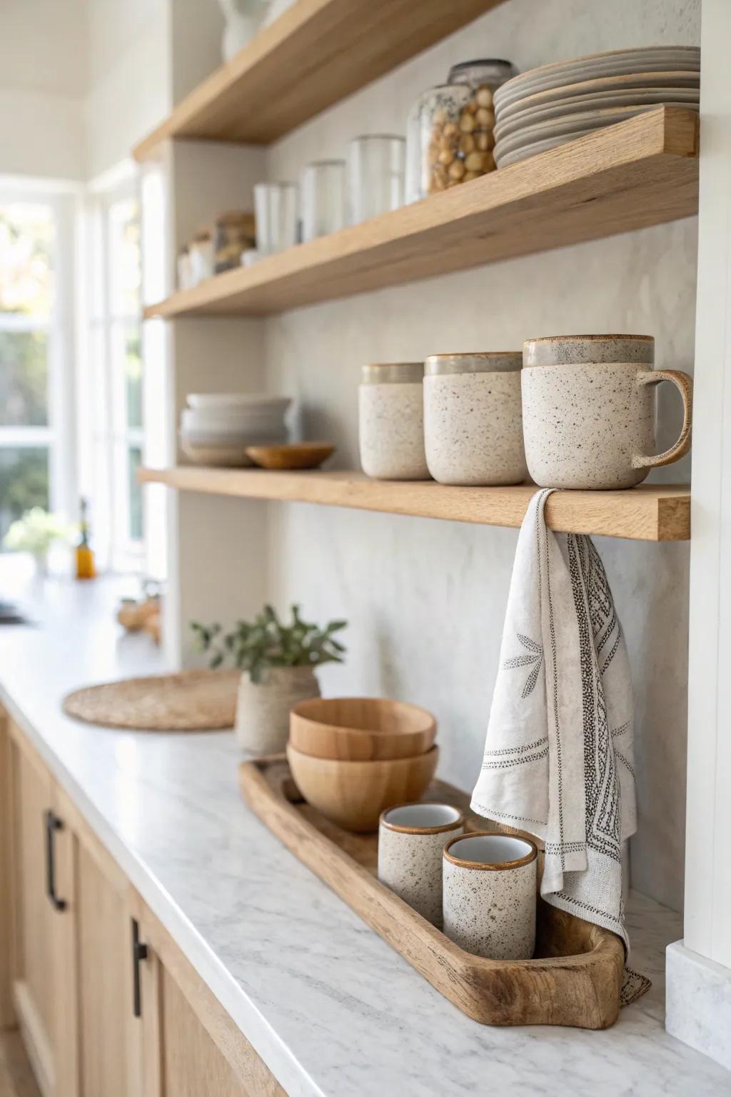 One small open-shelf zone keeps the minimalist kitchen feel—display just a few matching mugs.