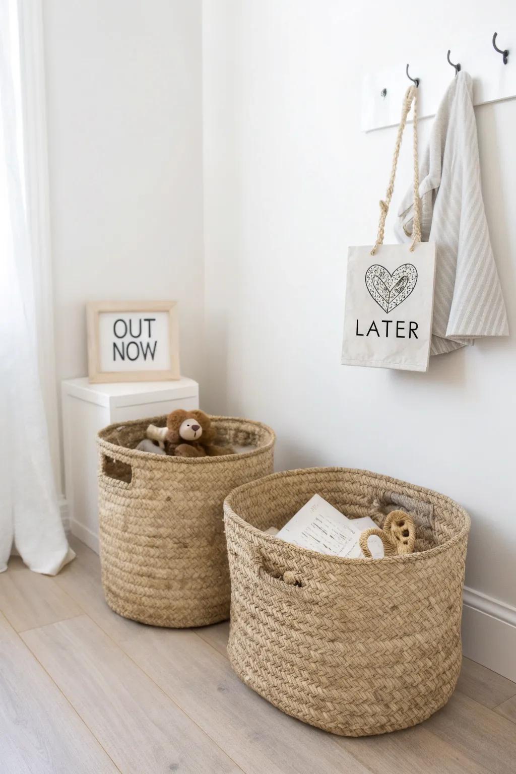 Declutter fast with two rotating toy bins—one “out now,” one “later”—for a calmer nursery.