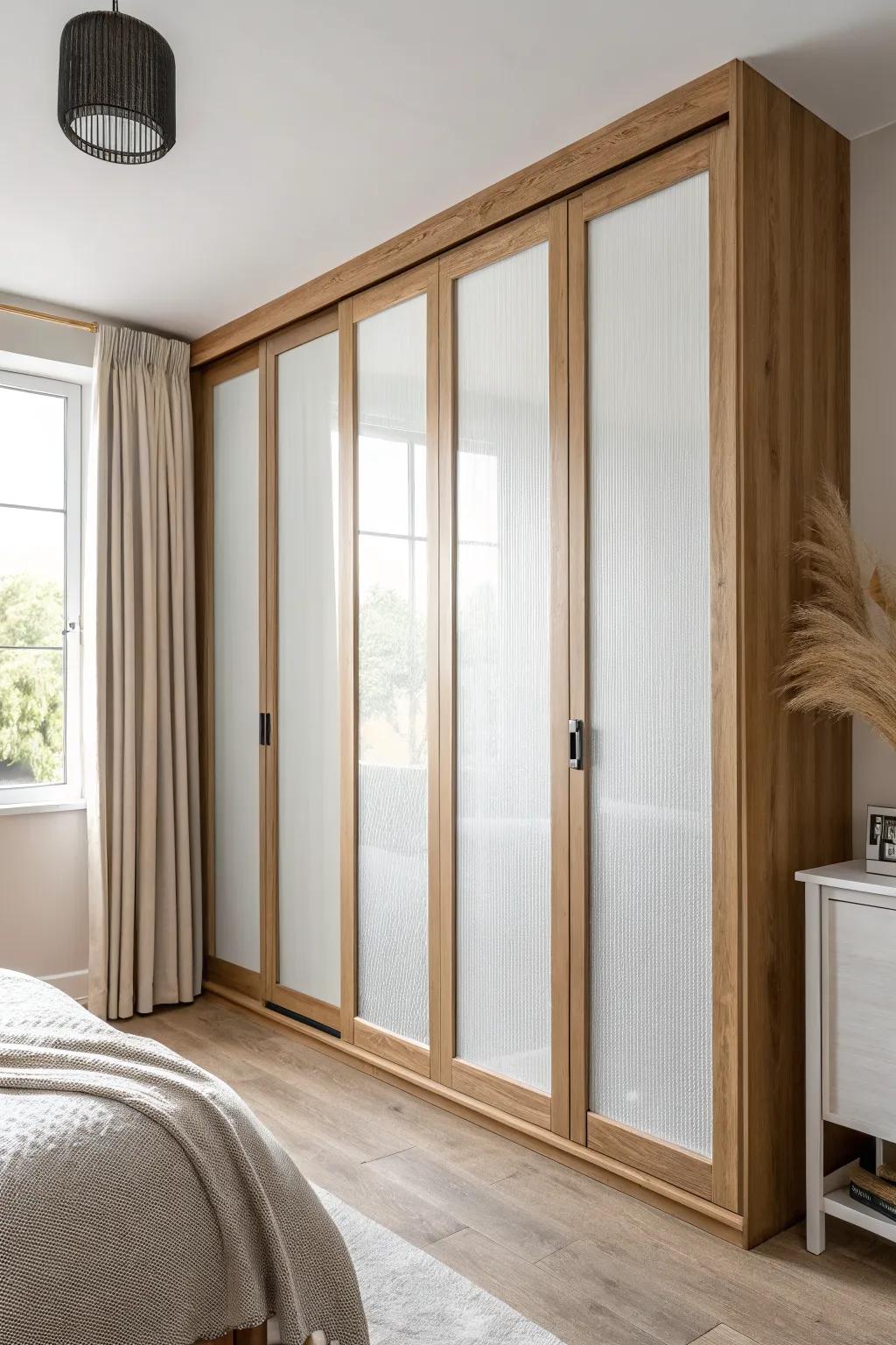 Frosted film panels on mirror closet doors: privacy + light bounce in a minimalist small space.