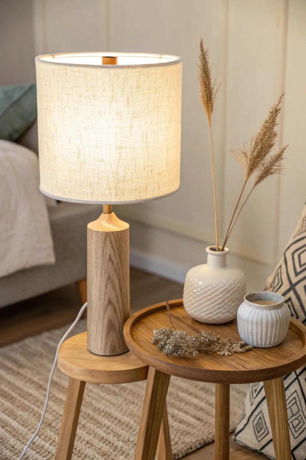 Swap harsh overhead light for a warm little lamp—instant cozy layers in a tiny space.