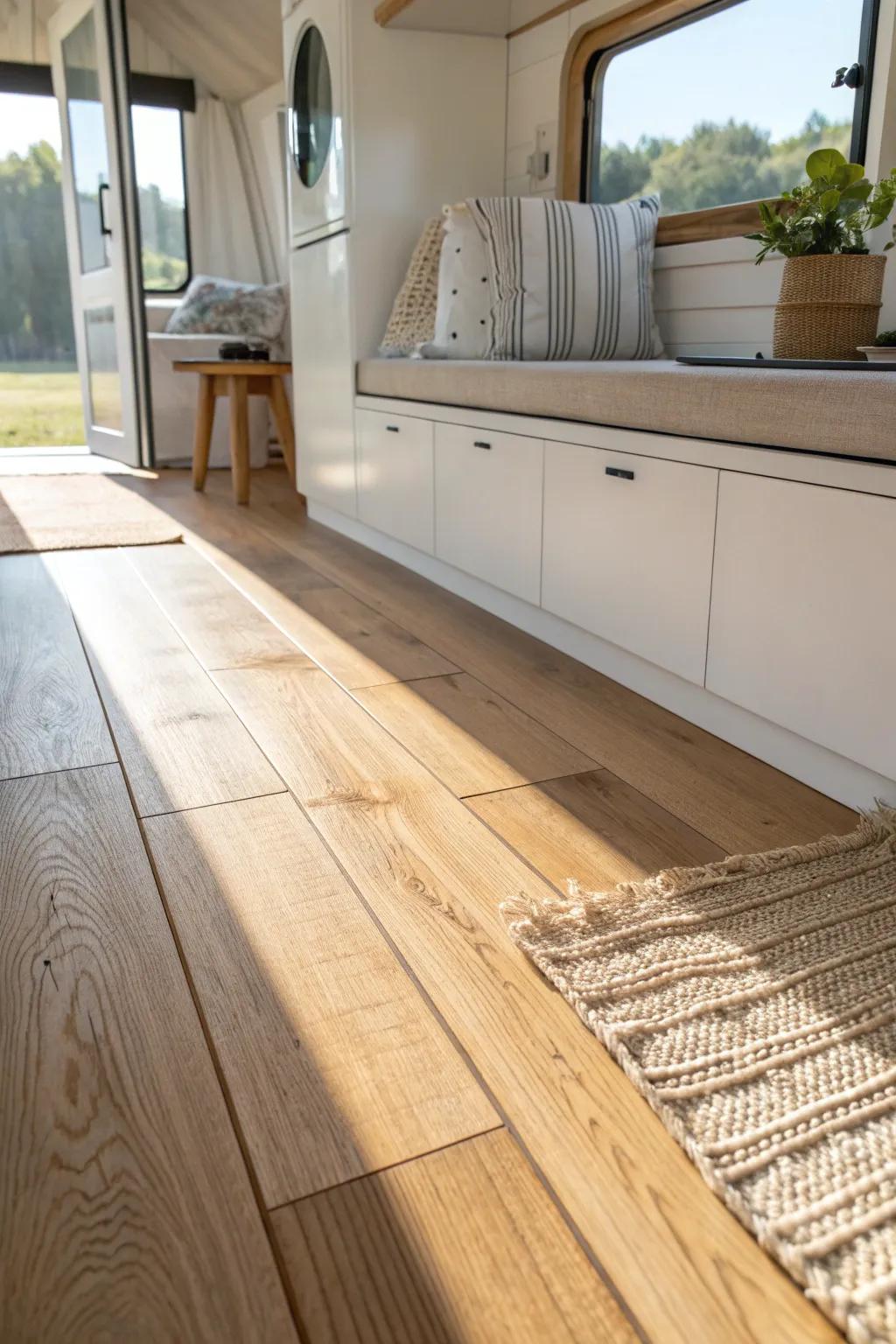 Wide-plank oak flooring keeps a small mobile home looking calm, bright, and beautifully modern.