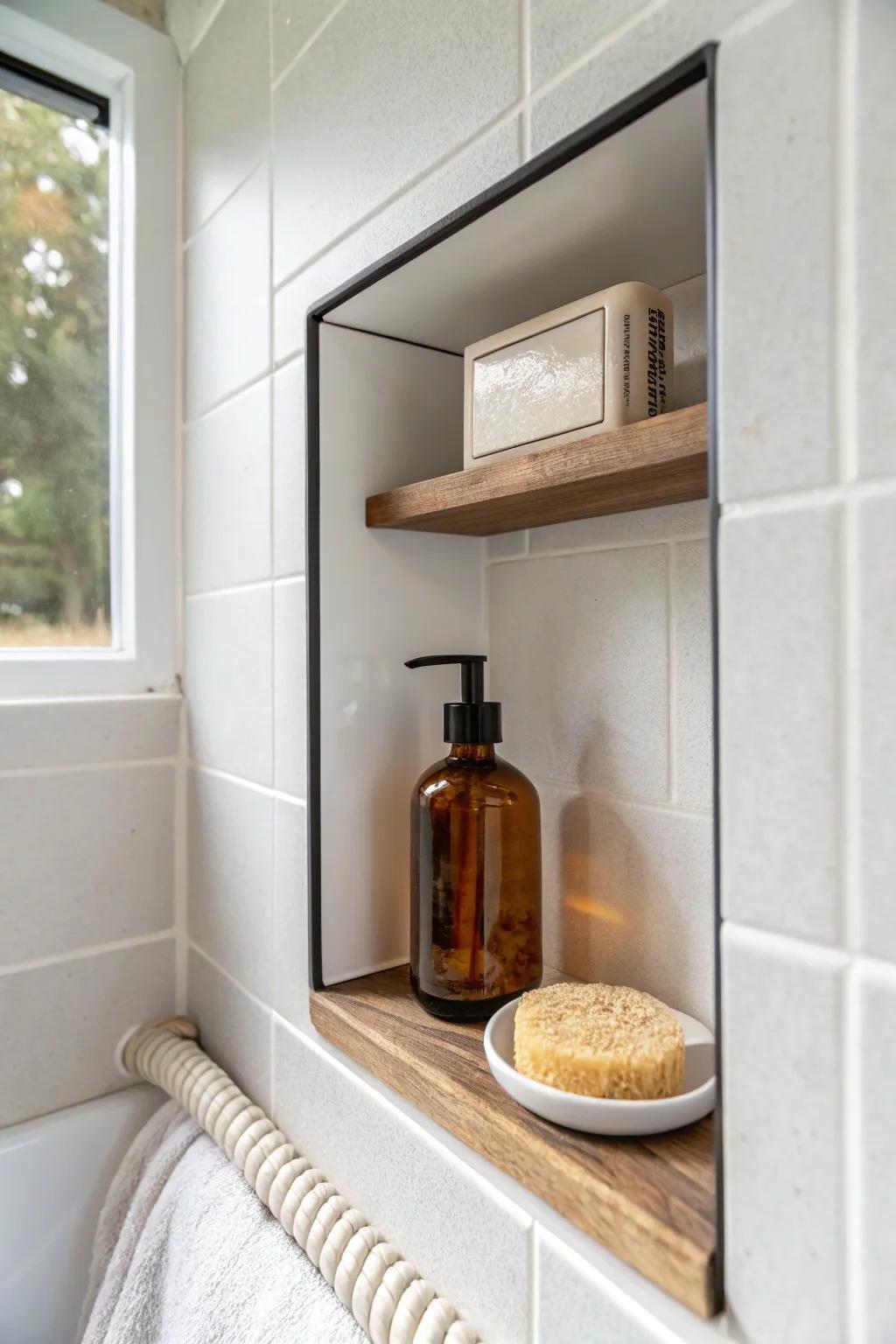 A built-in shower niche keeps bottles off the floor and makes small bathrooms feel luxe.