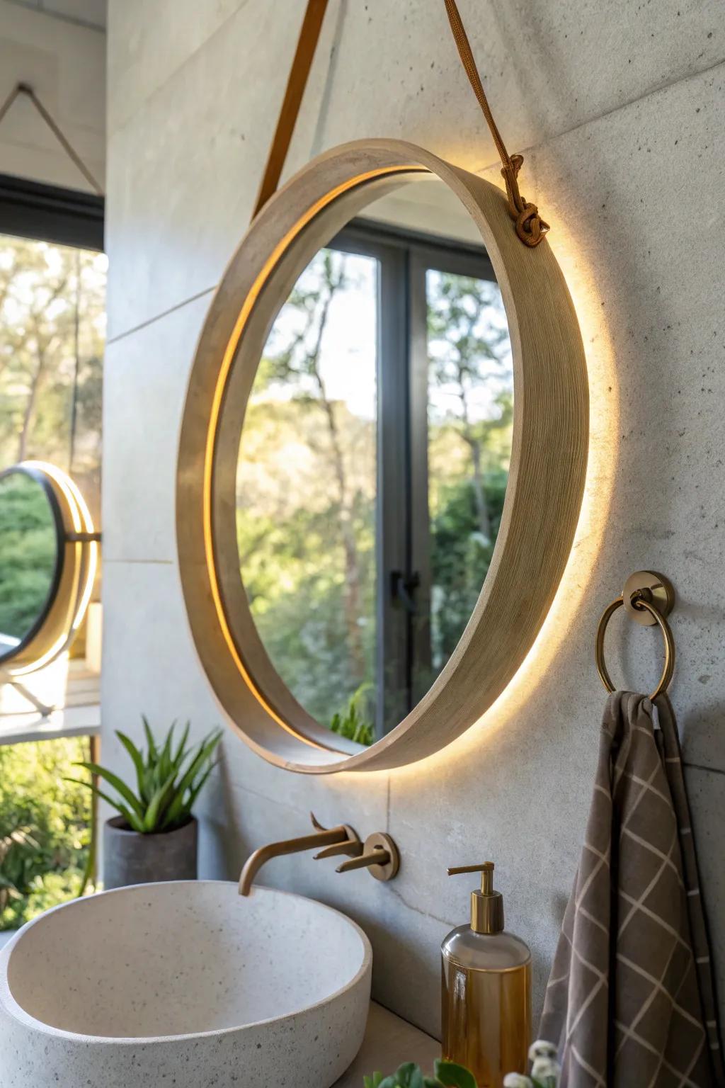 A backlit round mirror transforms a tiny mobile home bath—brighter, cleaner, spa-like in minutes.
