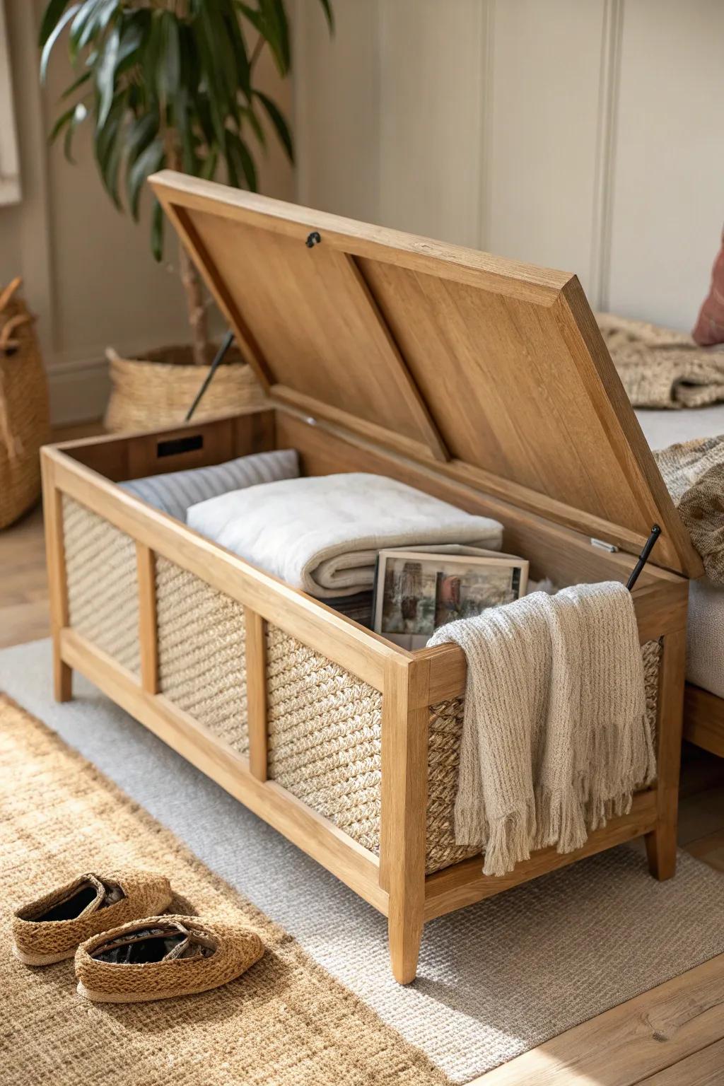 A storage bench that adds seating while hiding blankets and games—perfect for tiny mobile homes.