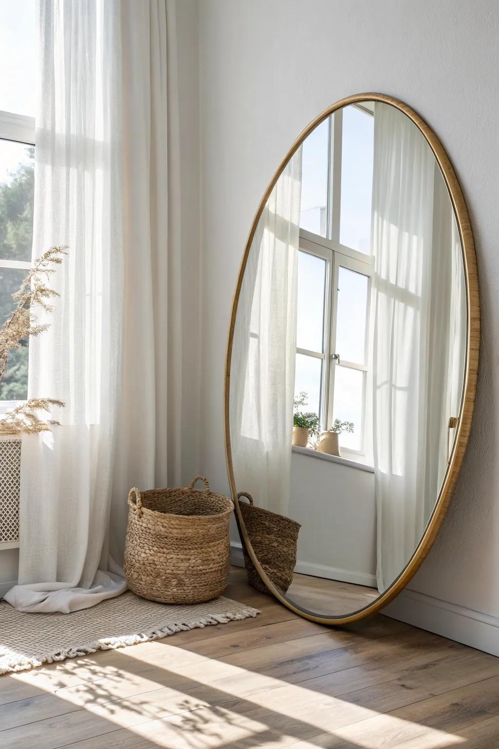 Place a large mirror opposite the window to bounce daylight and instantly expand a small room.