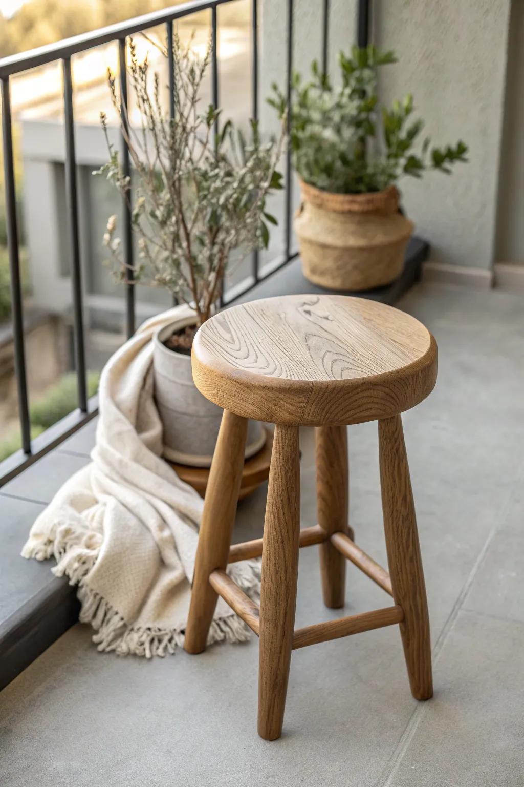 Warm up a modern balcony with one handcrafted wood stool—simple, cozy, timeless.