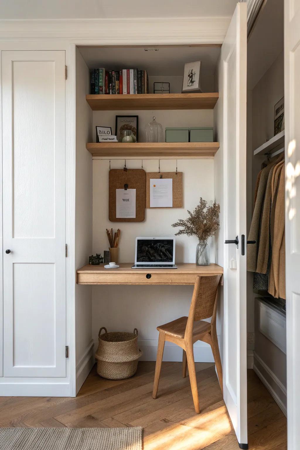 Closet command center: a tiny oak desk shelf that disappears behind doors for instant calm.