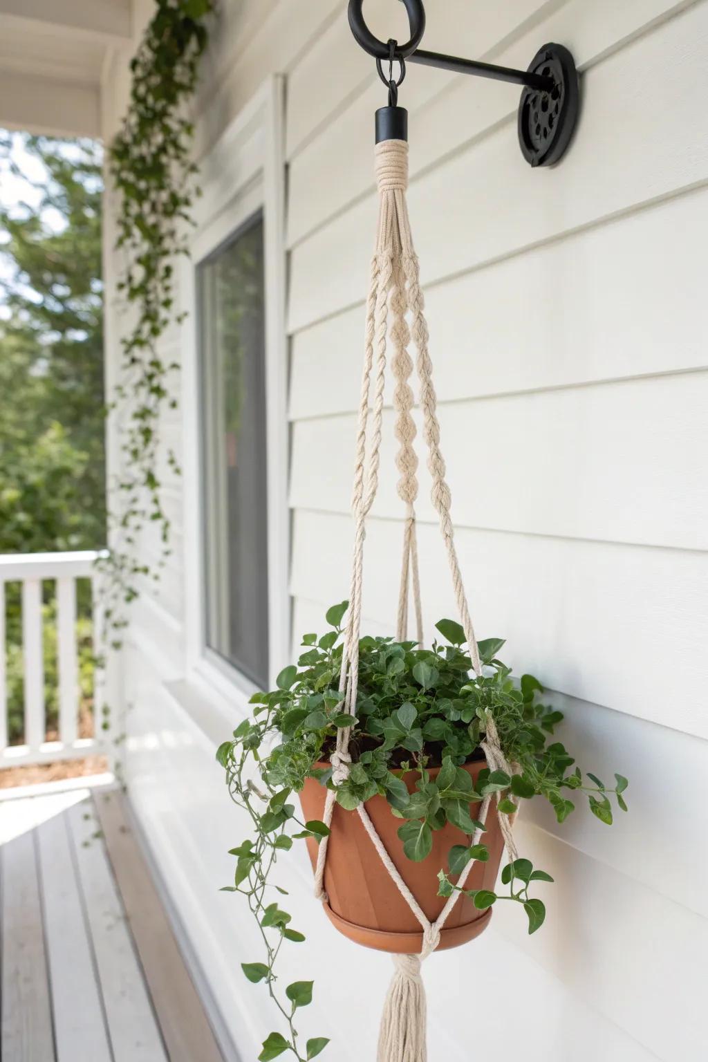 Go vertical: a hanging planter adds lush greenery while keeping porch floor space open.