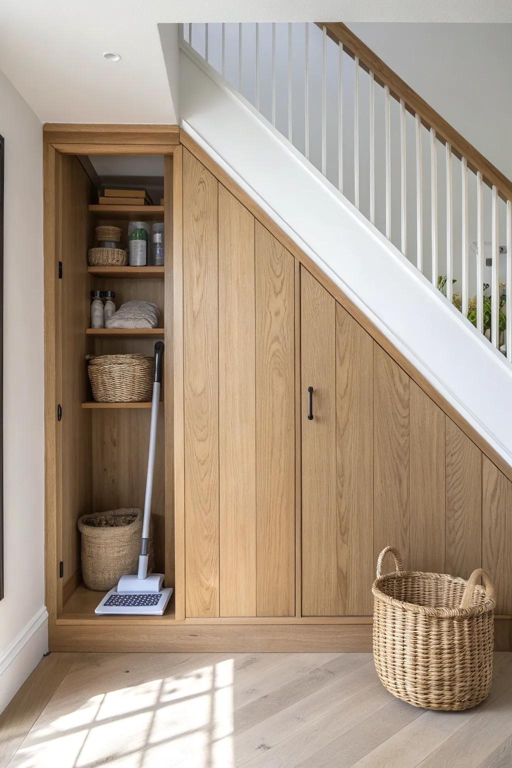 A chic under-stairs appliance garage that hides vacuums and brooms—beautifully and neatly.