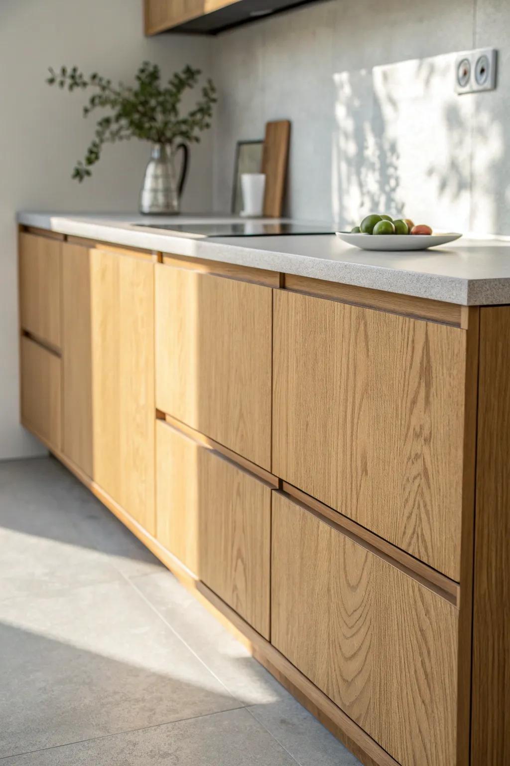 Handleless cabinet fronts keep small modular kitchens sleek, clutter-free, and easy to move past.