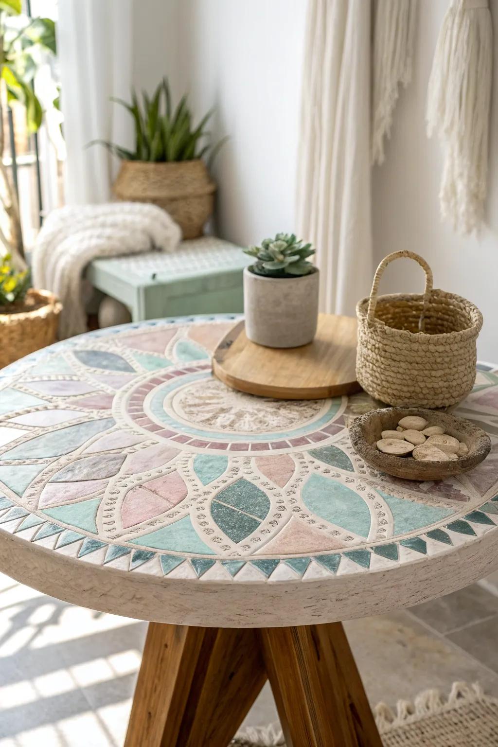 Transform your space with the elegance of a custom mosaic tabletop, blending Scandinavian minimalism with a touch of boho charm.