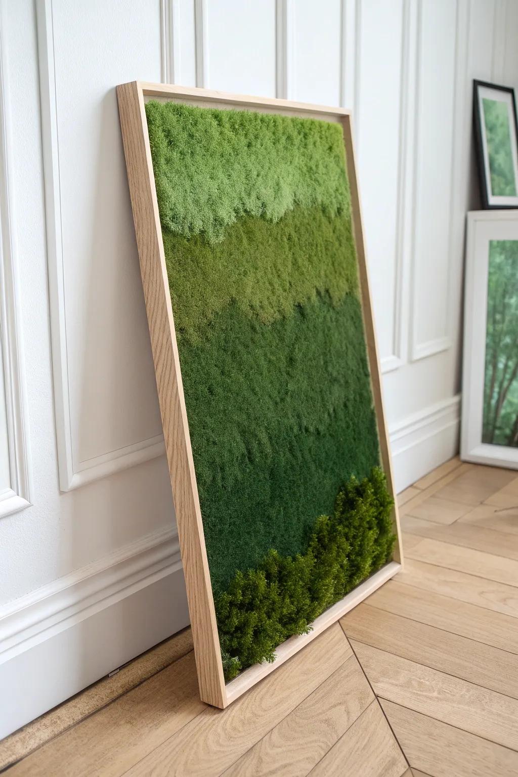 Ombre moss wall art—deep green to soft sage—for a calming, “living painting” wow moment.