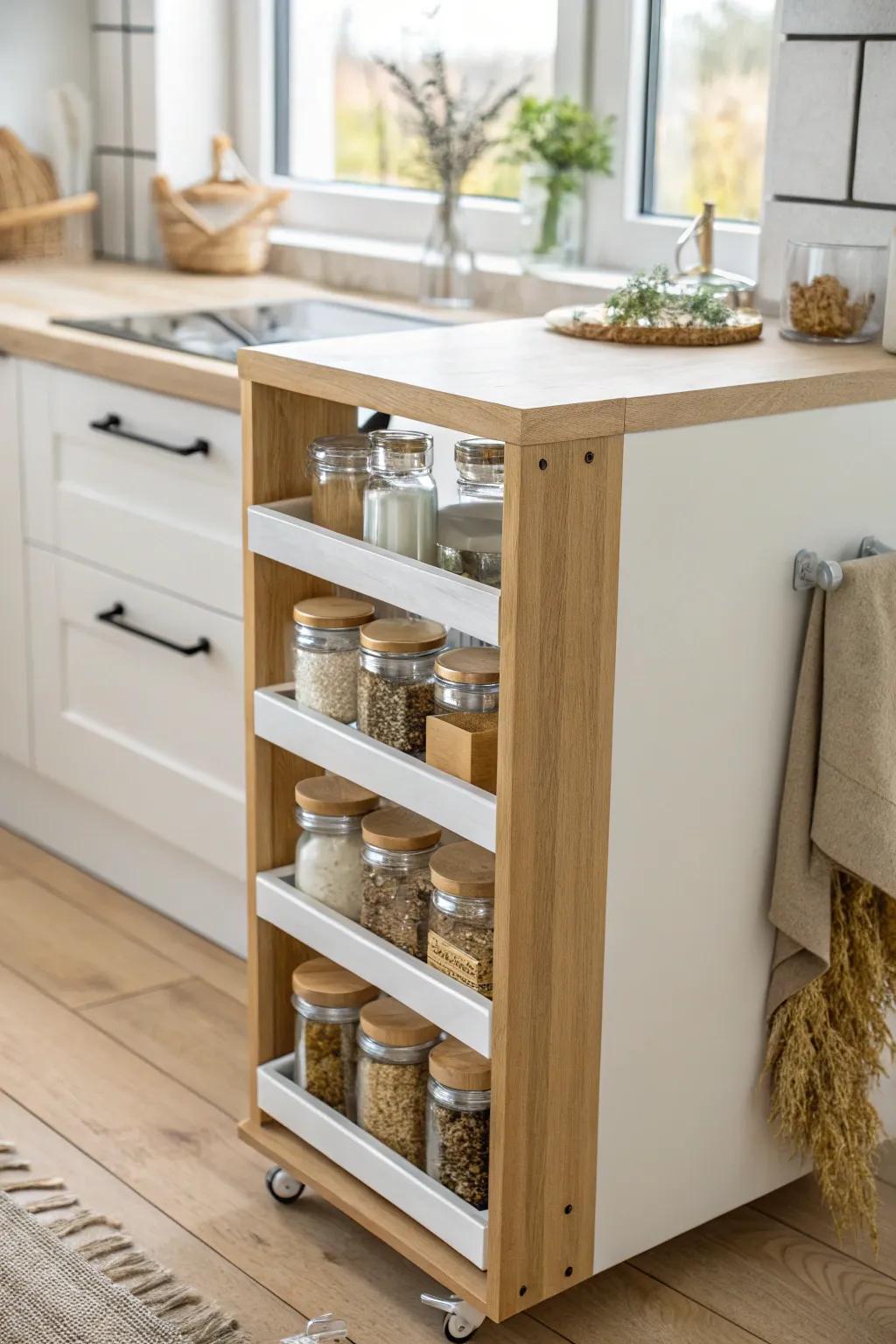 A sleek island-side spice rack keeps everyday seasonings visible, organized, and within reach.