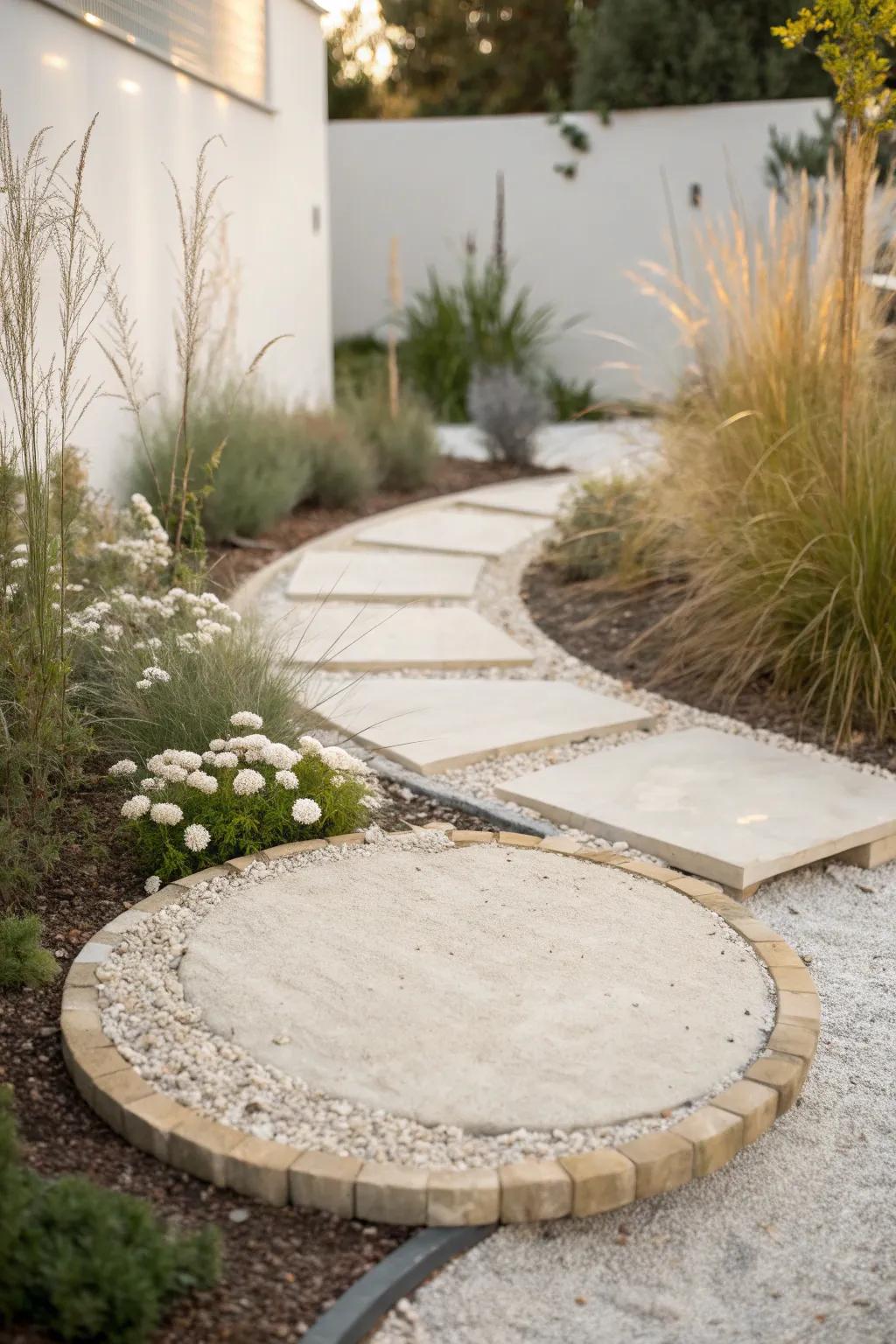 A simple circular gravel “rug” instantly softens a narrow garden’s long, straight lines.