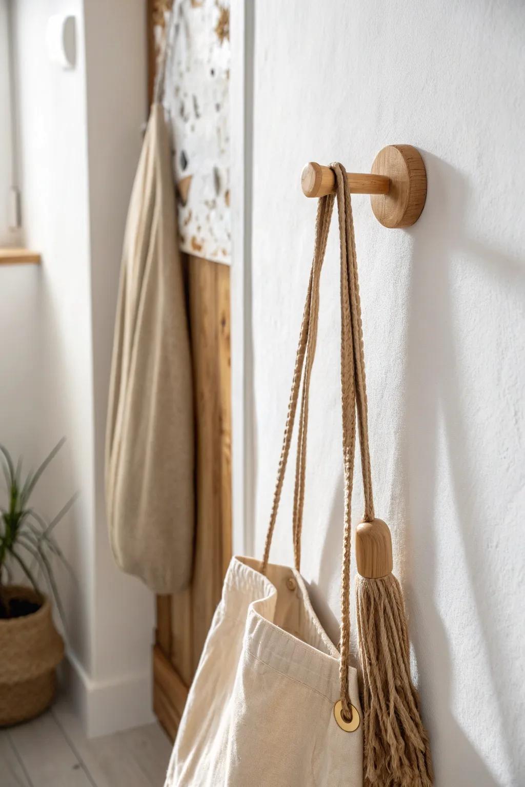 Intentional wall hook styling: one crafted hook + a single everyday bag keeps halls calm.