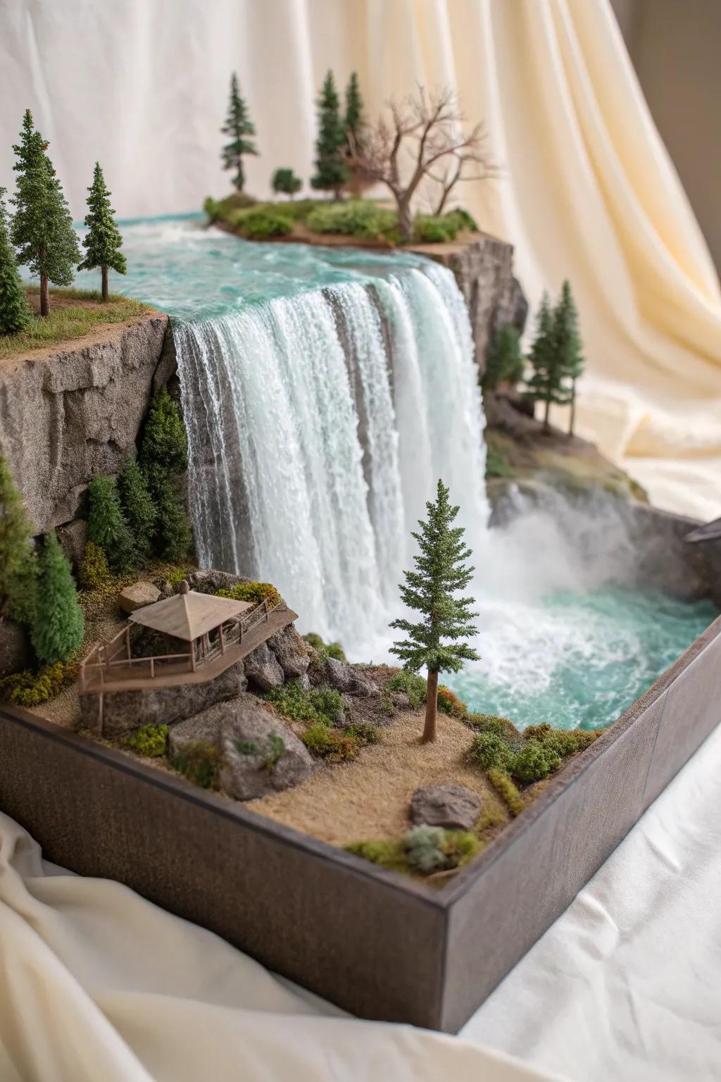 Transform old into stunning: A minimalist Niagara Falls diorama crafted from upcycled materials.