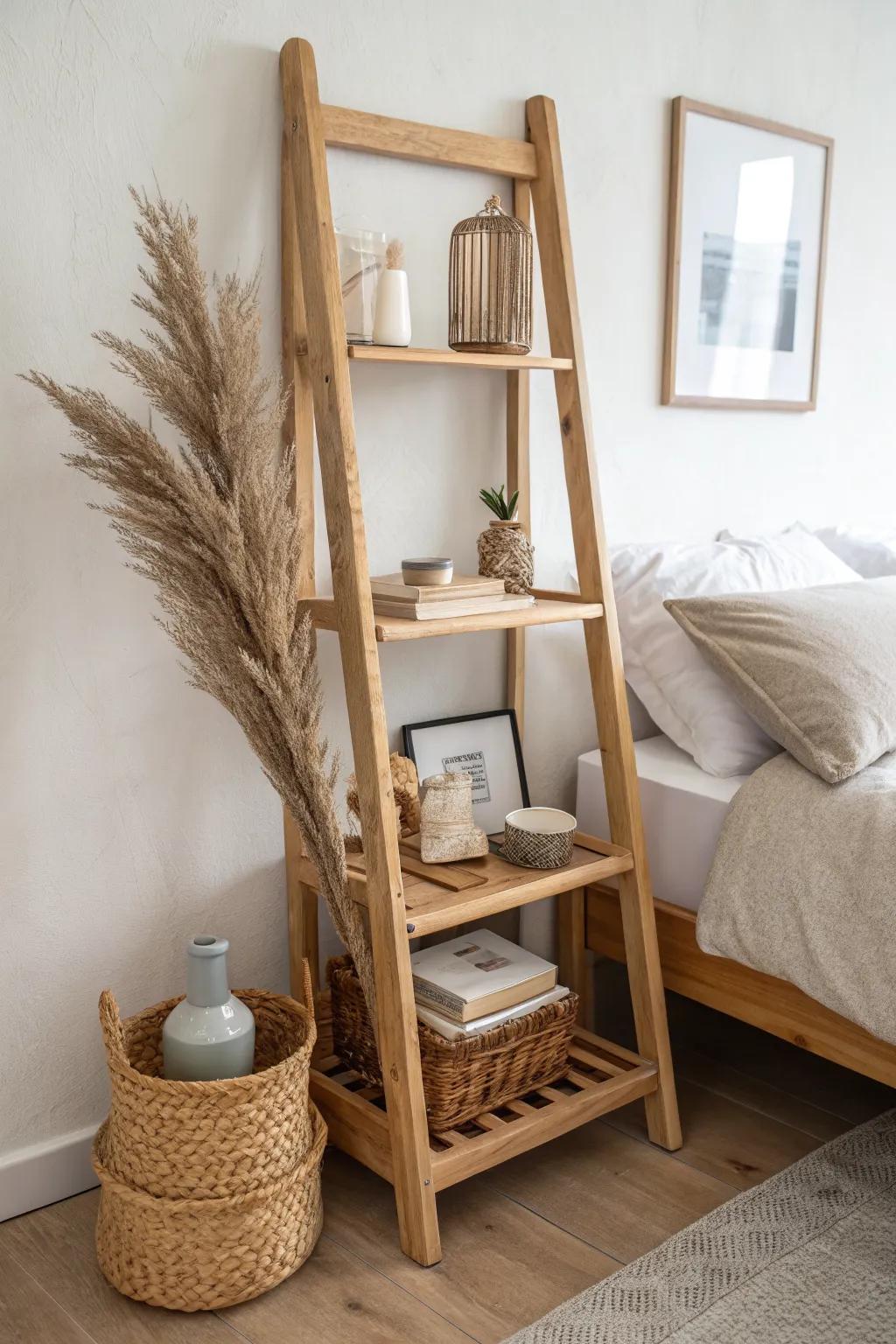 Leaning ladder shelf nightstand alternative: vertical storage for small bedrooms, airy and serene.
