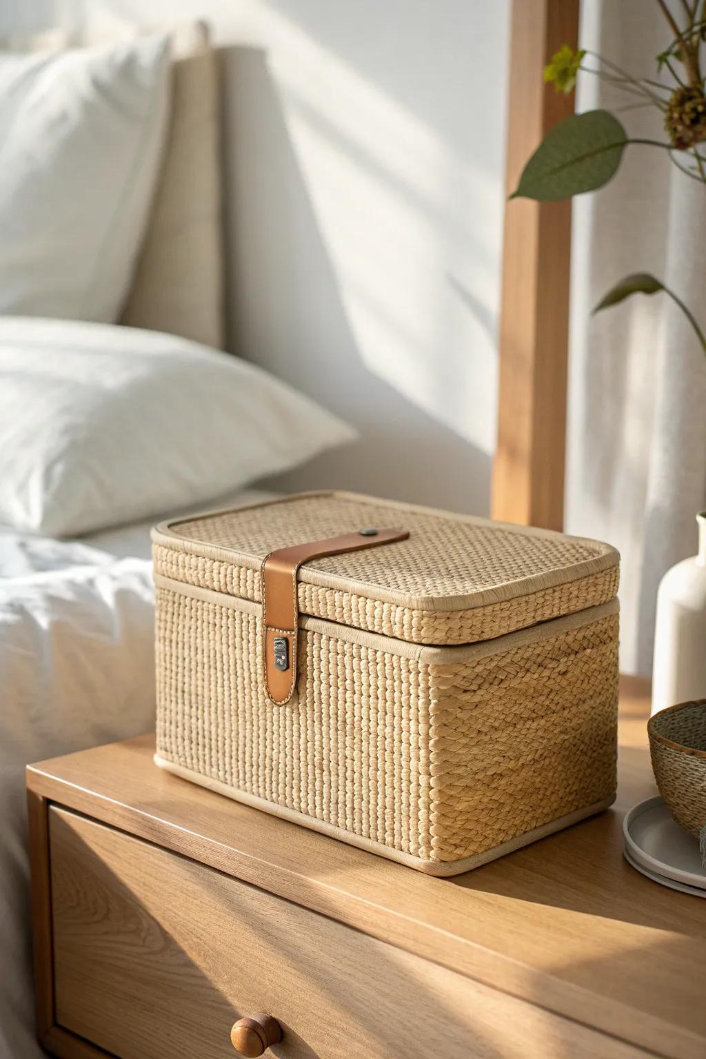 A lidded rattan box keeps nightstand clutter hidden—serene, minimalist, and pretty.