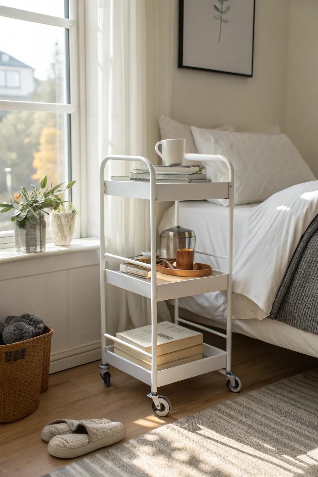 Skinny rolling cart nightstand that tucks in close, then rolls away to free up space.