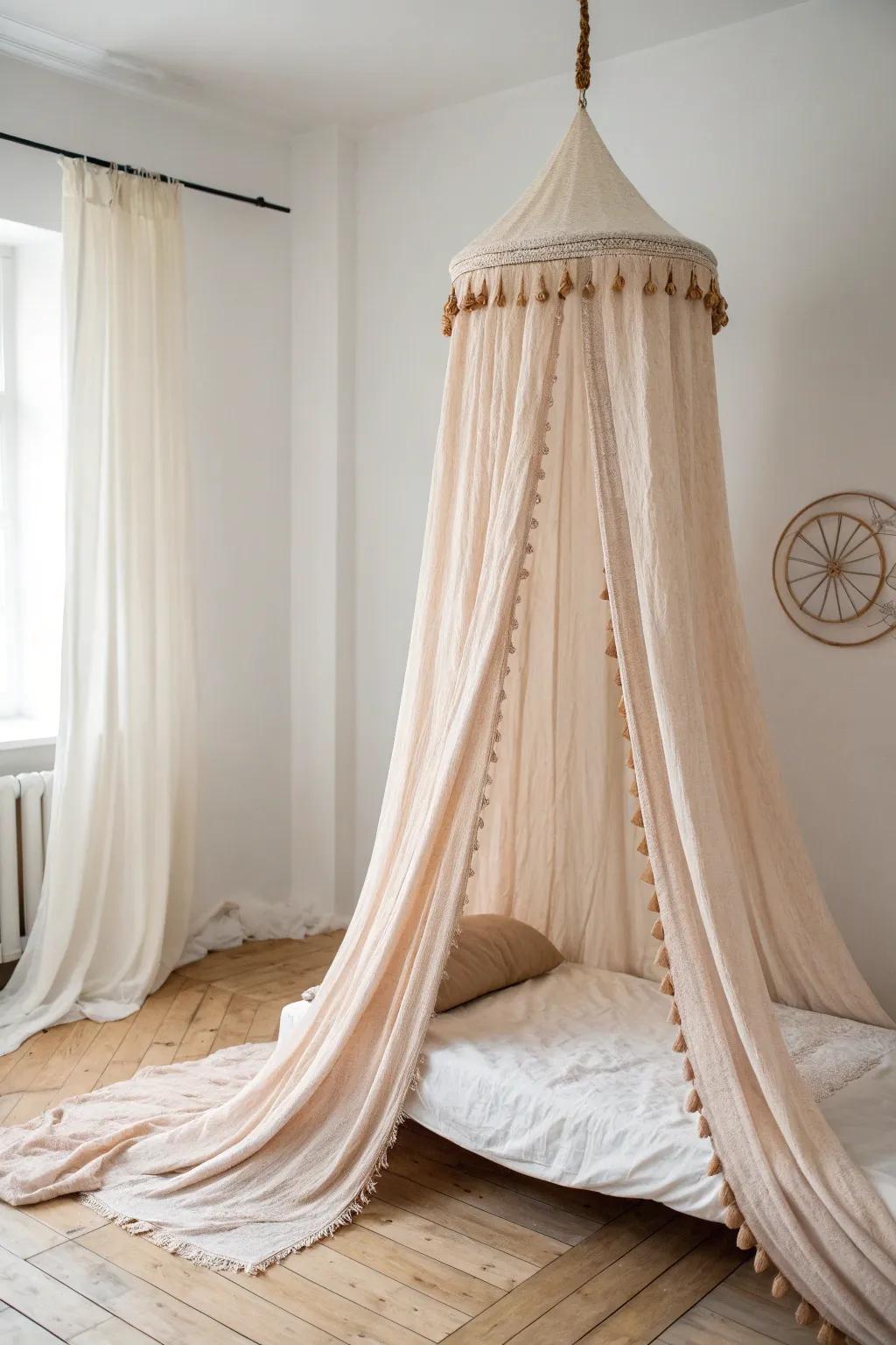 A sheer linen canopy instantly frames a floor mattress and adds romantic, studio-worthy drama.