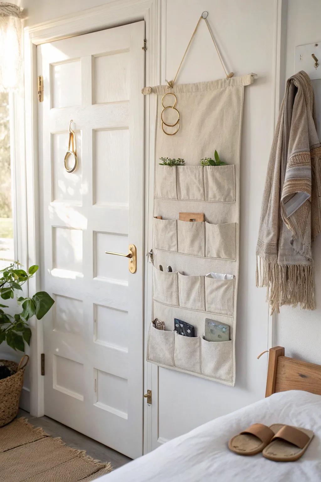 Turn the back of your door into storage: a chic organizer for shoes and accessories in small spaces.