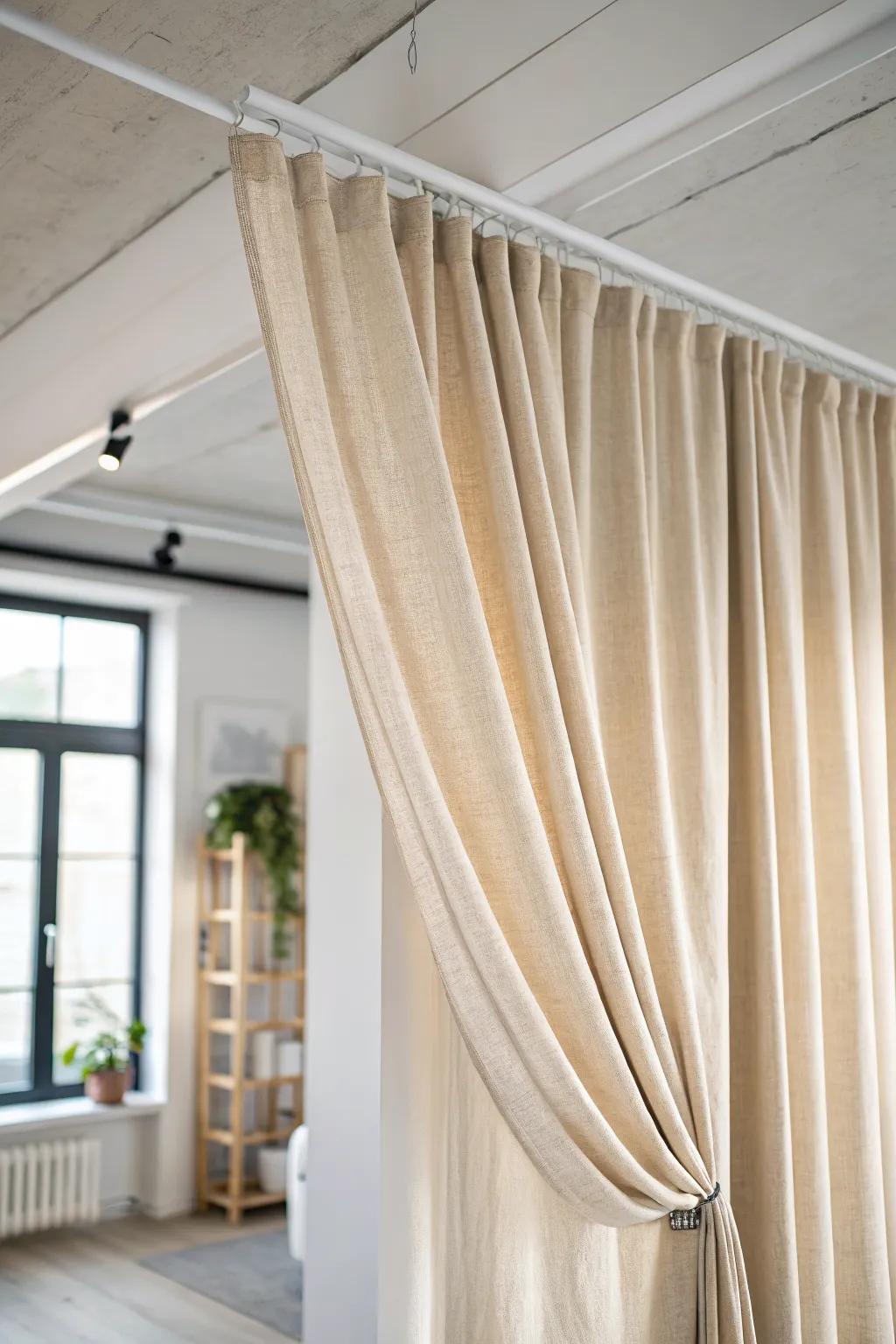 A linen curtain “soft wall” that separates nursery from office—calm, bright, and polished.