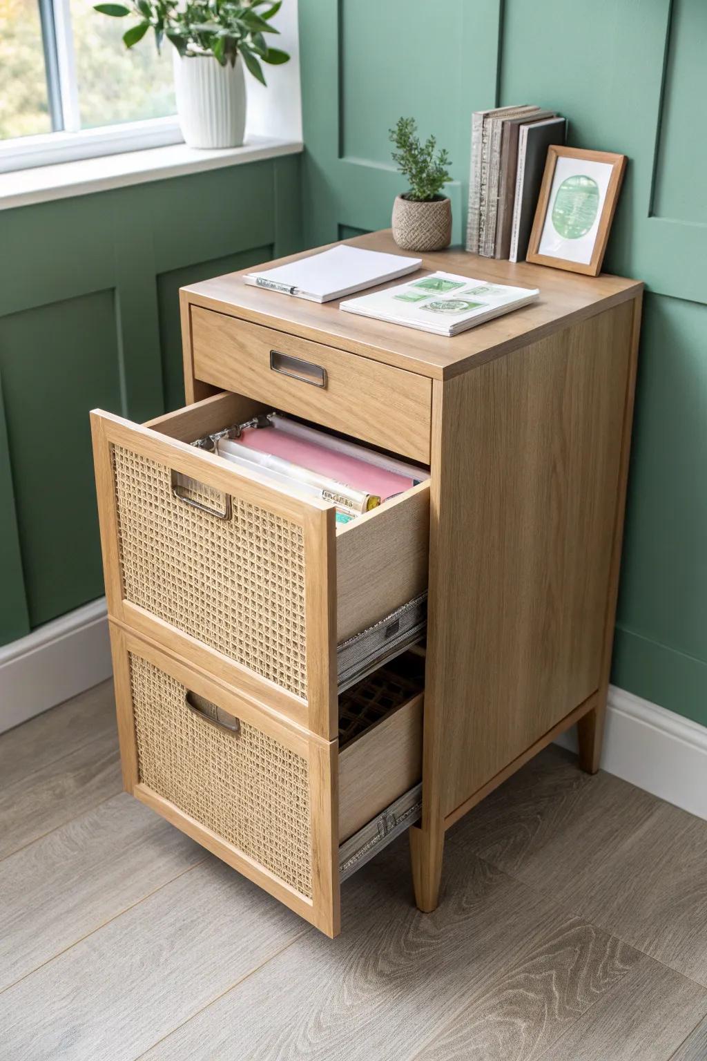 Pull-out file drawers: the prettiest way to keep papers sorted in a tiny home office.