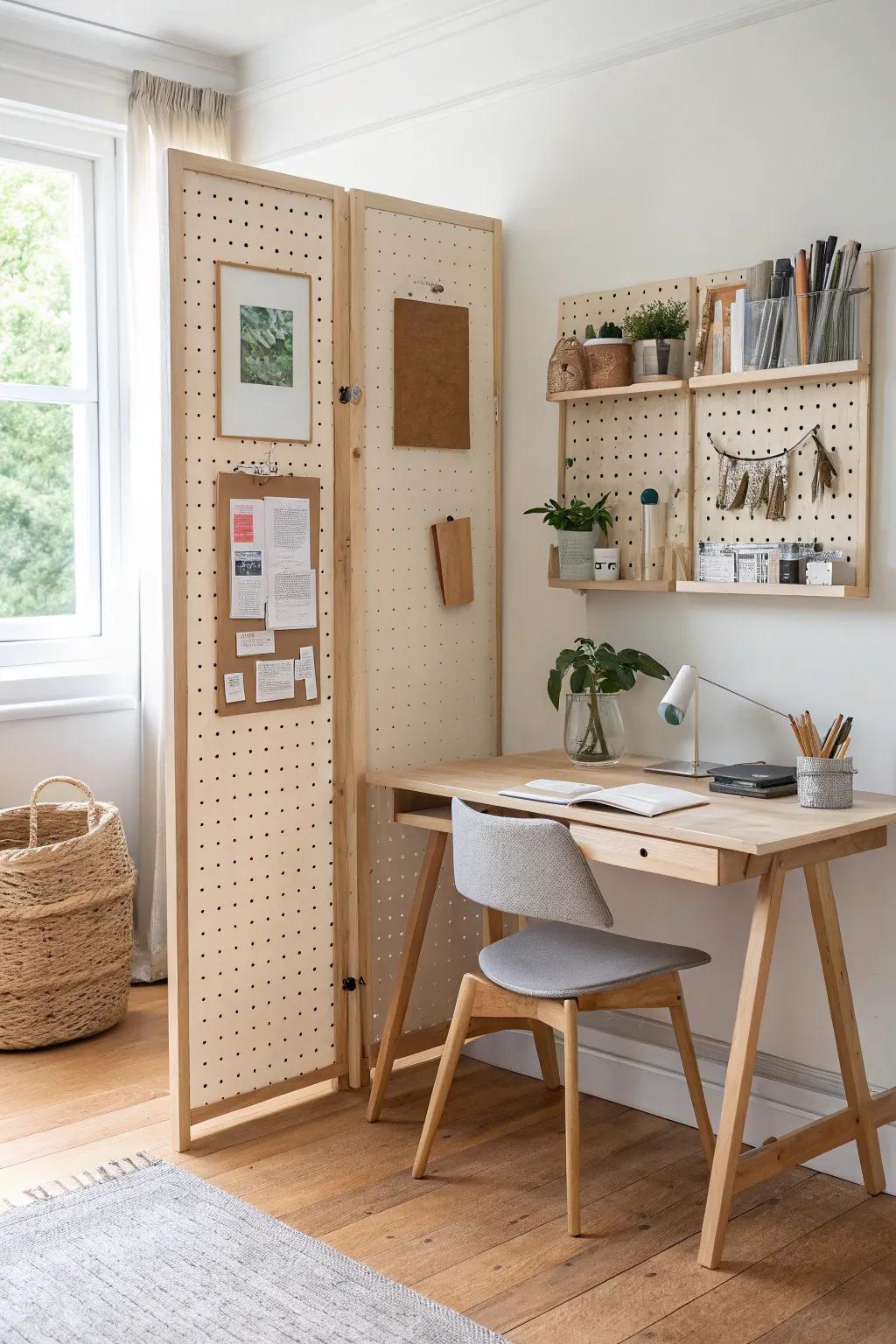 Pegboard divider doubles as storage—minimal, airy, and perfect for a tiny home office.
