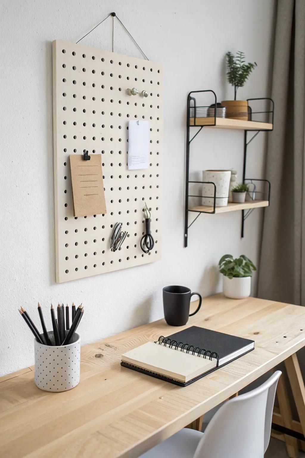 Calm your workspace with a clean monochrome pegboard—minimal, focused, beautifully crafted.