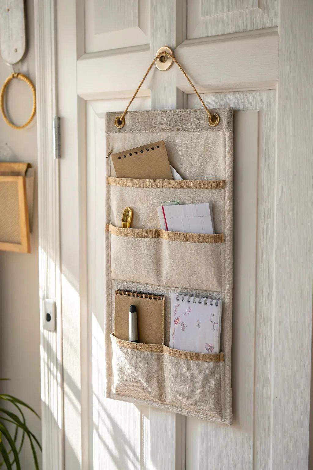 Turn your door into “free storage” with chic pockets for sticky notes, tape, and mail.