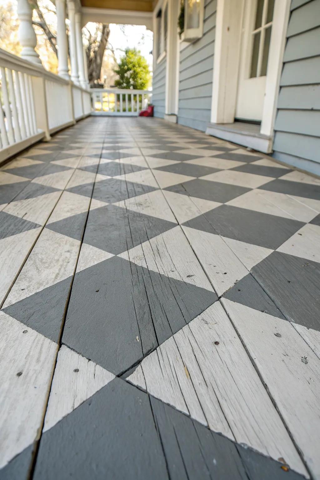 A muted checkerboard porch floor adds vintage charm and hides uneven boards beautifully.