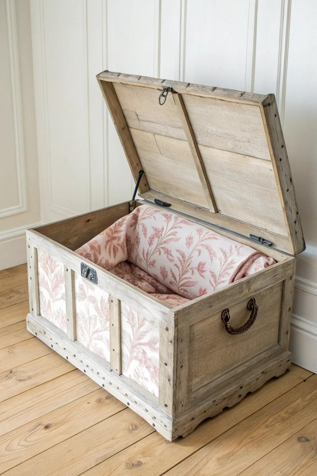 Open an old trunk to a sweet surprise: line the inside with patterned paper or fabric.
