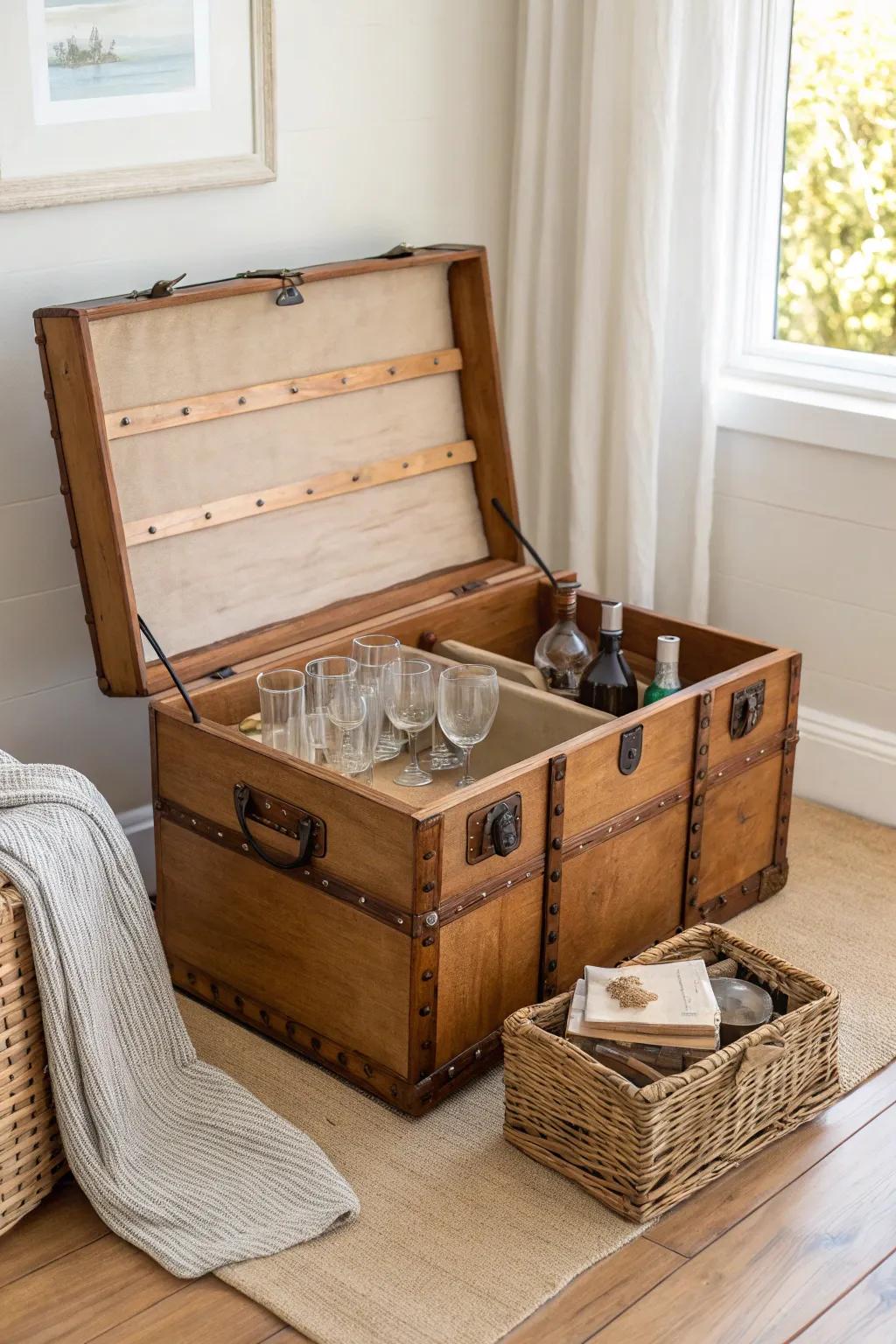 Old trunk bar idea: a compact drink station that closes up to instantly reset the room.