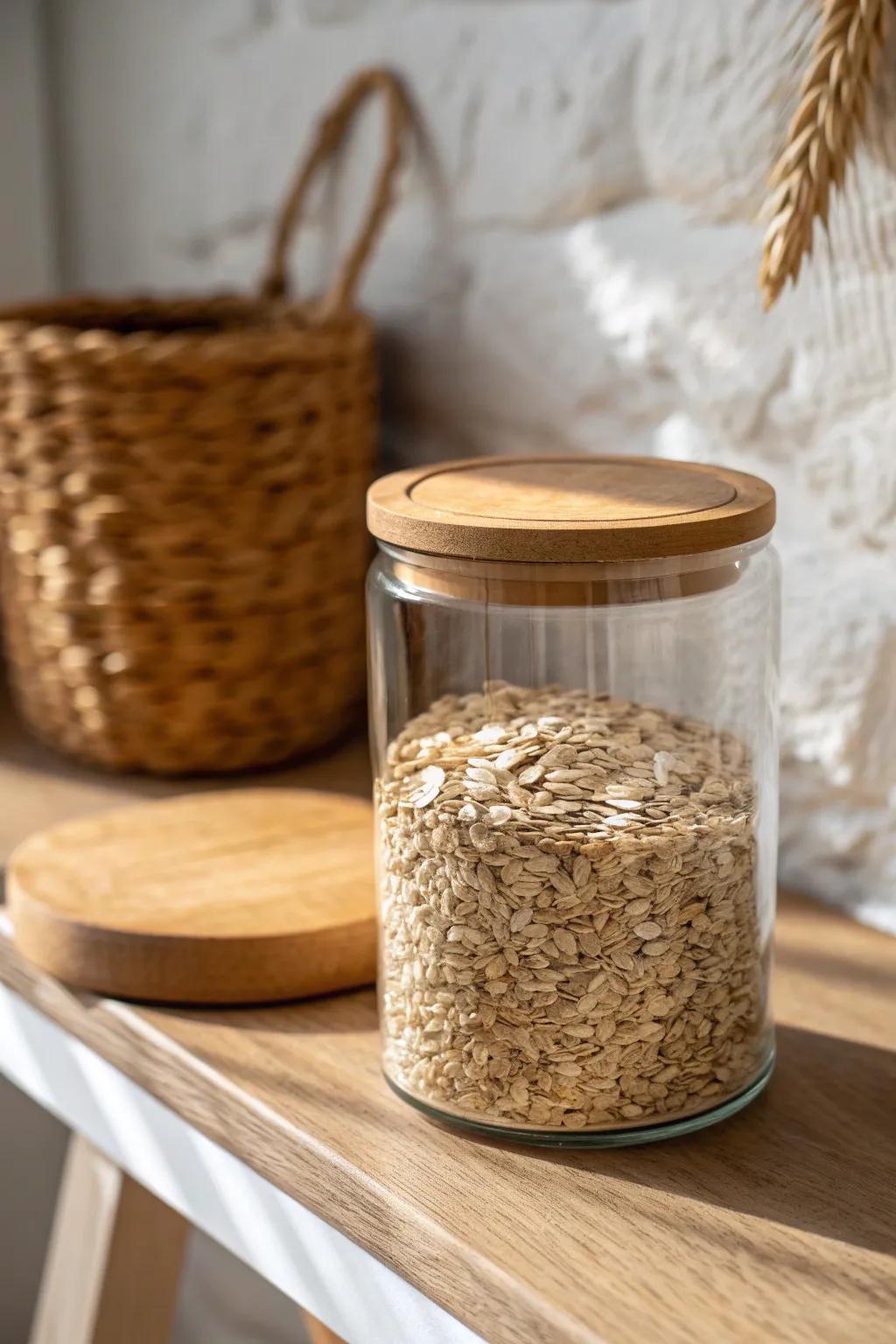 Glass, wood, and a hint of texture—an open pantry staple that looks styled, not cluttered.