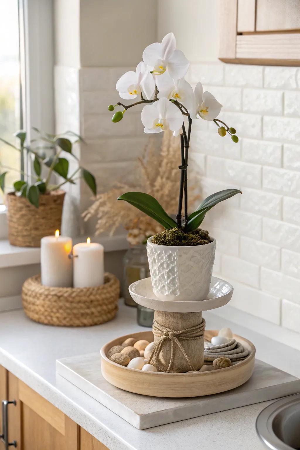 Small-space orchid styling: a tiered stand adds height, charm, and calm minimal beauty.