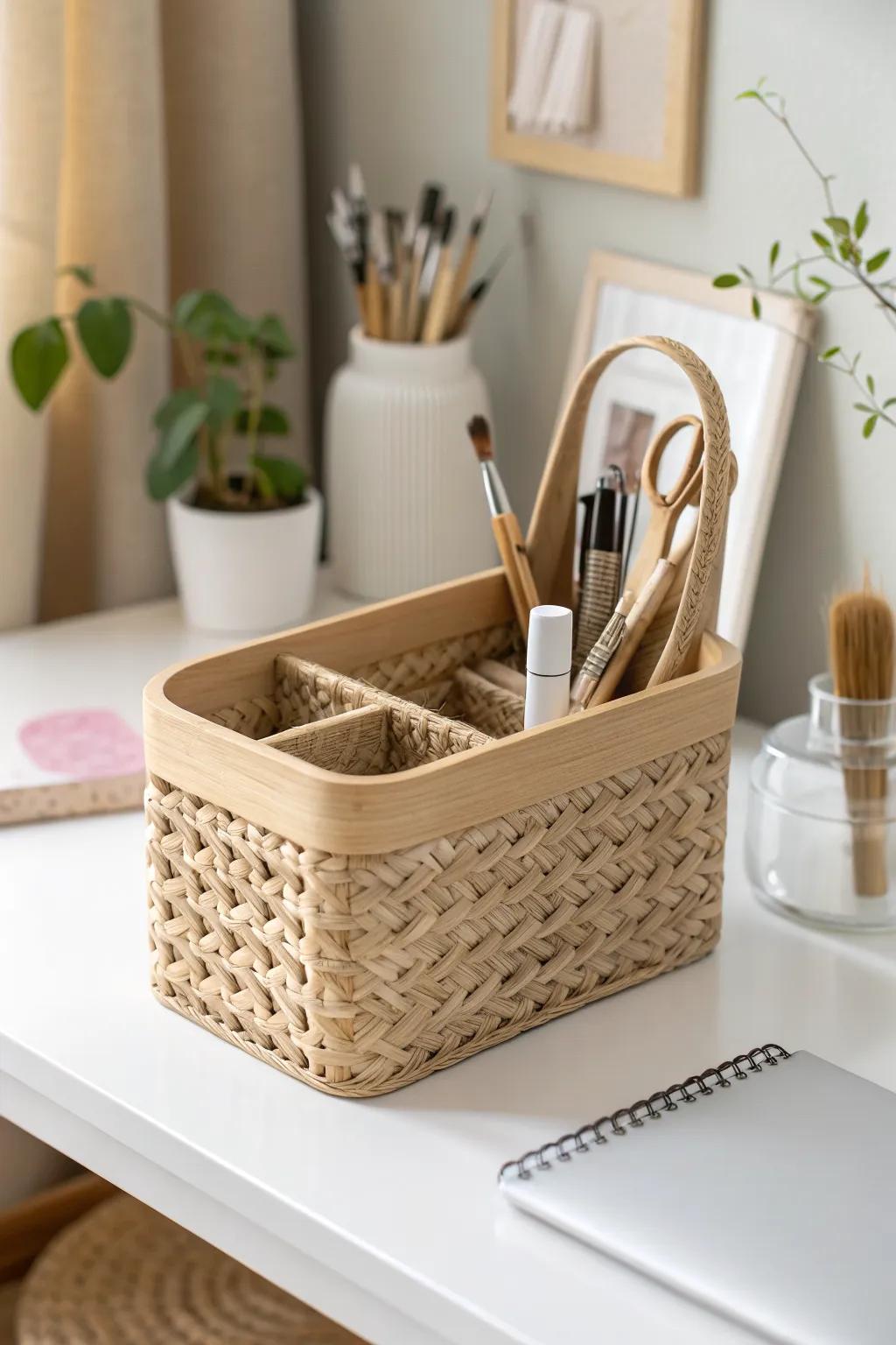 A grab-and-go tool caddy keeps pens, brushes, and cutters tidy on the smallest craft desk.