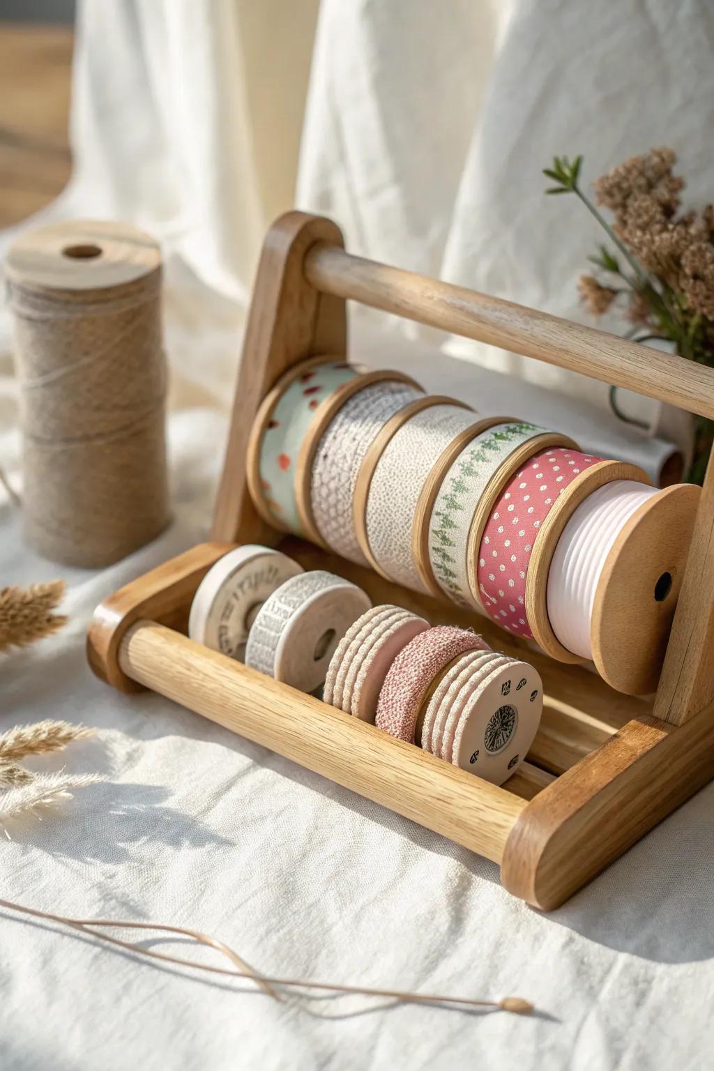 Tame ribbon and tape “loose ends” with a simple birch dowel organizer for tidy craft storage.