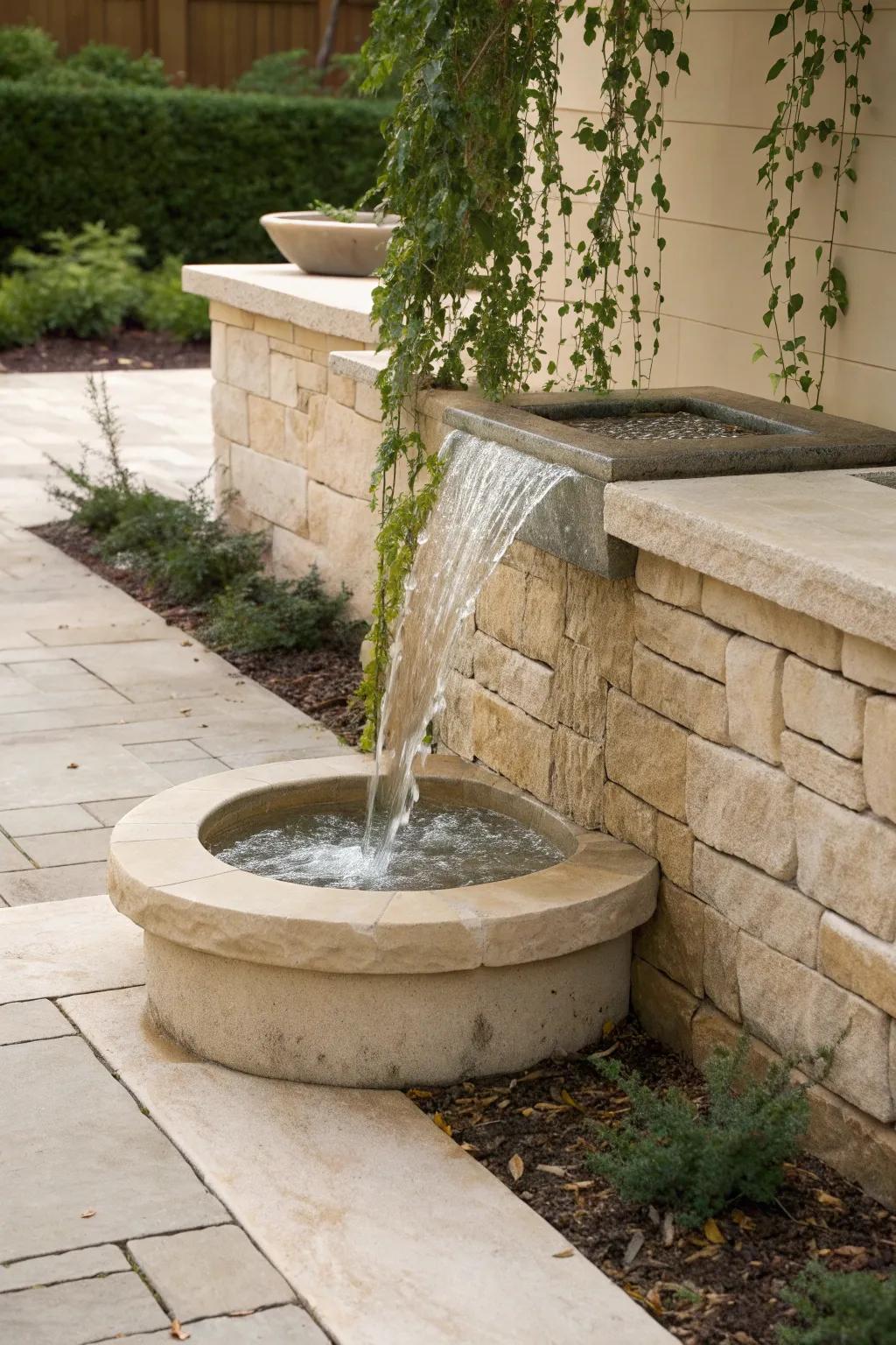A sleek corner spillway turns a plain retaining wall into a serene outdoor focal point.
