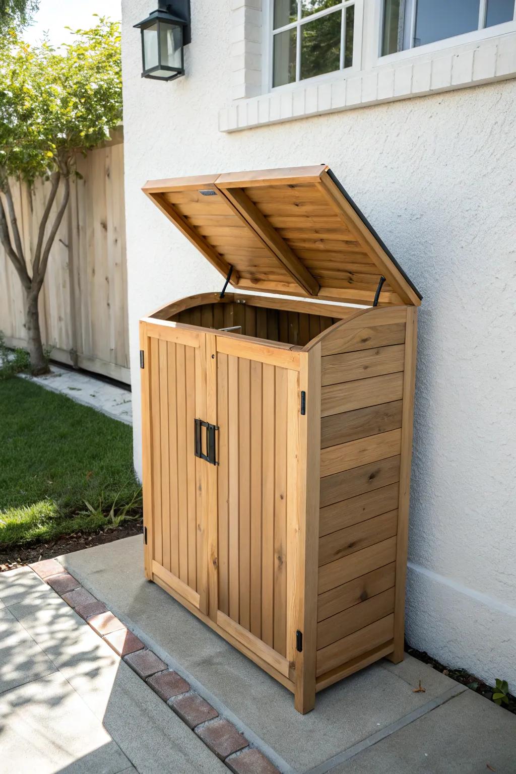 Dual-access bin storage: lift the lid to toss bags, open doors to roll cans out easily.