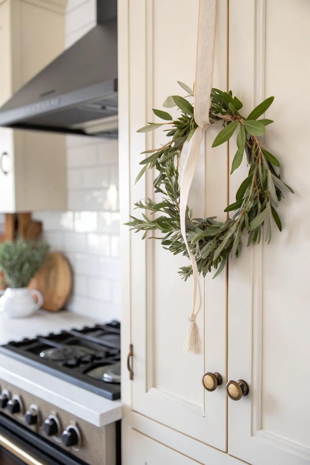 A simple mini wreath on the over-stove cabinet adds greenery without cluttering counters.