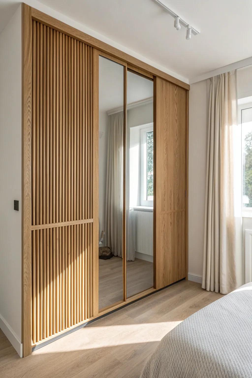 Vertical oak slat overlay warms mirrored closet doors while adding height and airy texture.