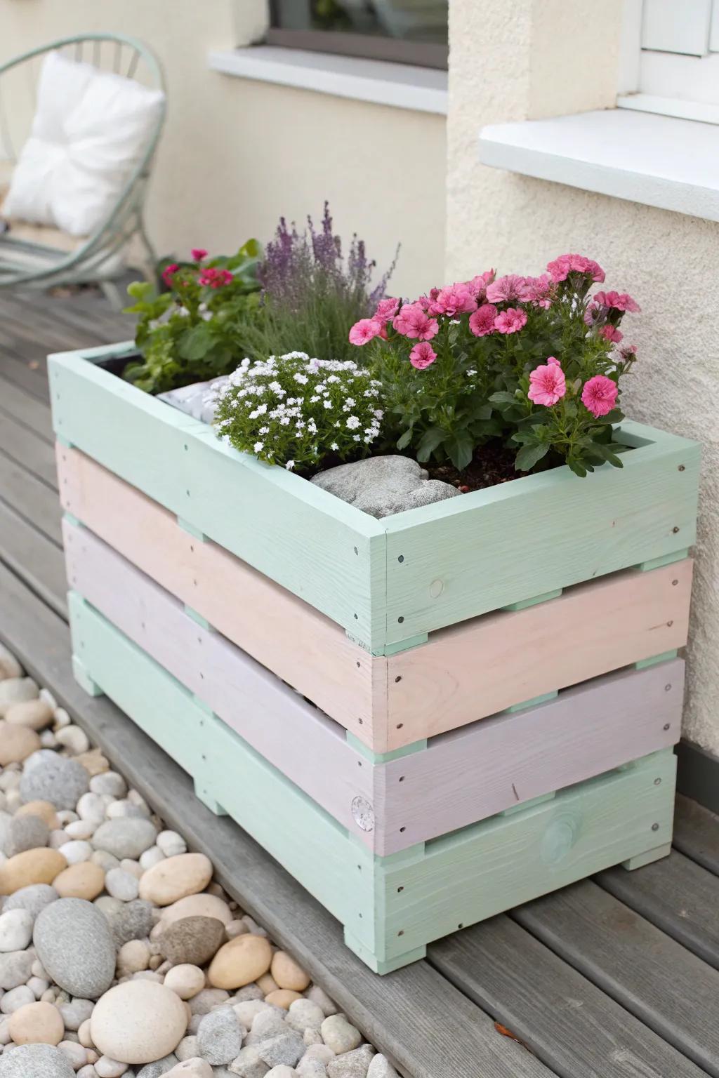 Add a touch of rustic charm to your garden with pastel-painted pallet planter boxes. 🌸✨