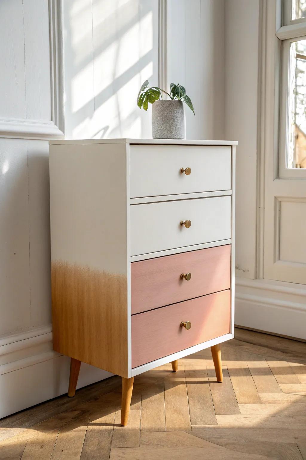 Subtle ombre drawers turn a simple dresser into art—perfect for a small, serene space.