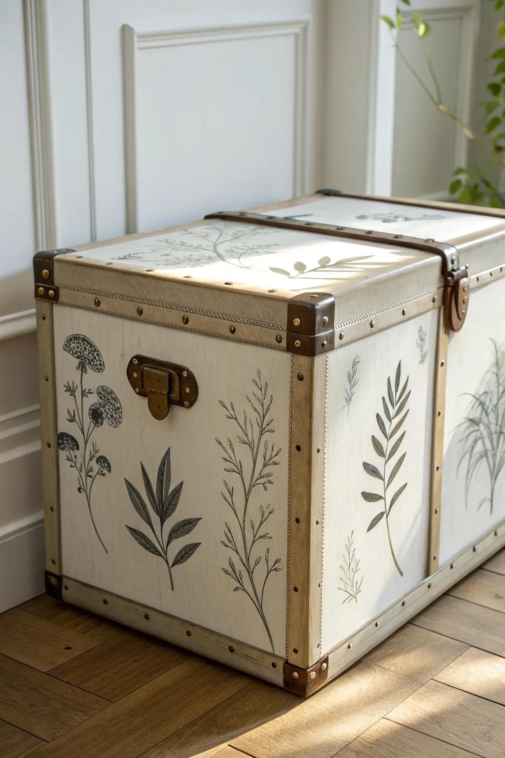 Botanical silhouettes on a painted trunk—pretty, practical small-space storage with boho calm.