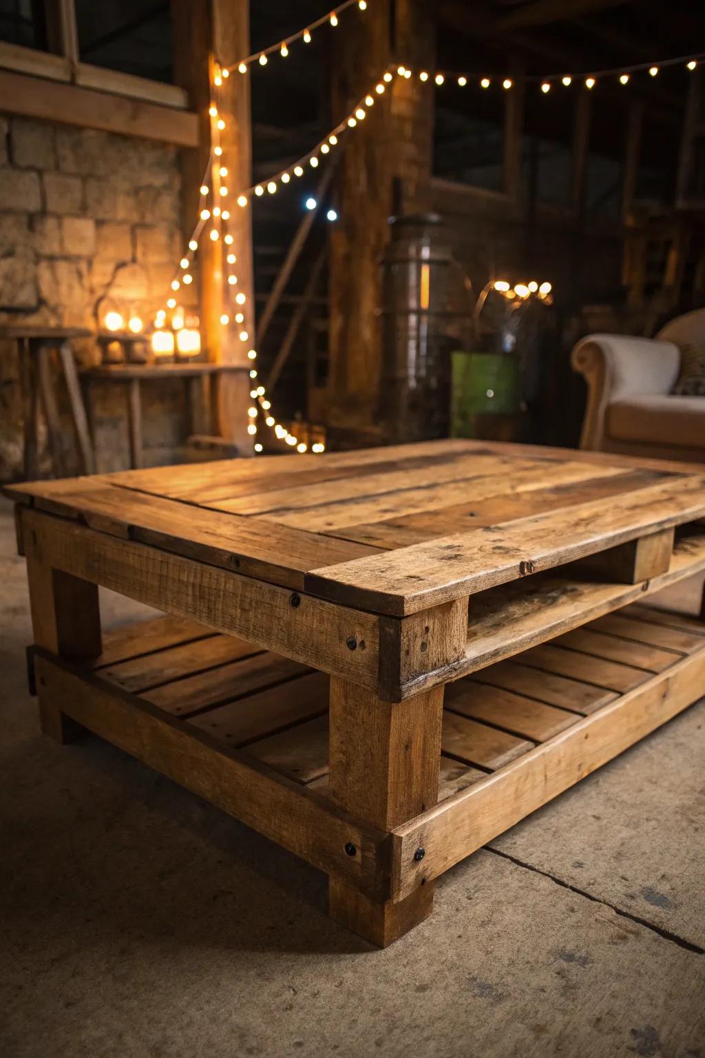 Illuminate your space with a handcrafted pallet coffee table, where rustic charm meets enchanting lighting.