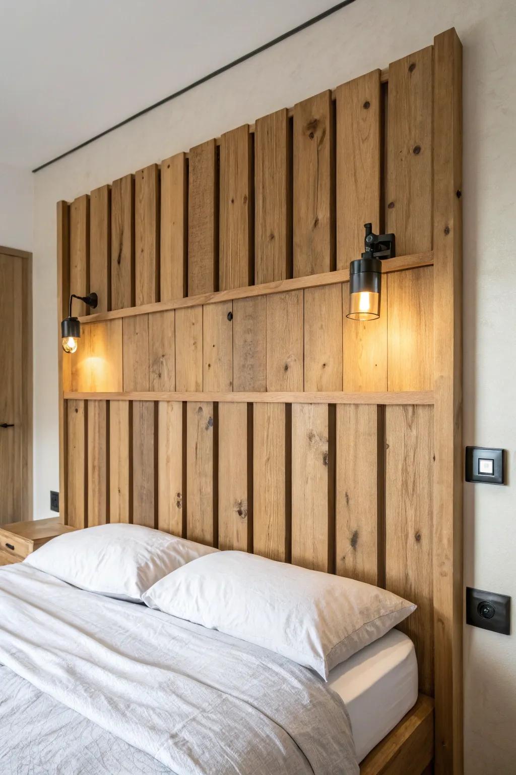 Space-saving pallet headboard with built-in reading lights—warm glow, clean lines, cozy minimalism.