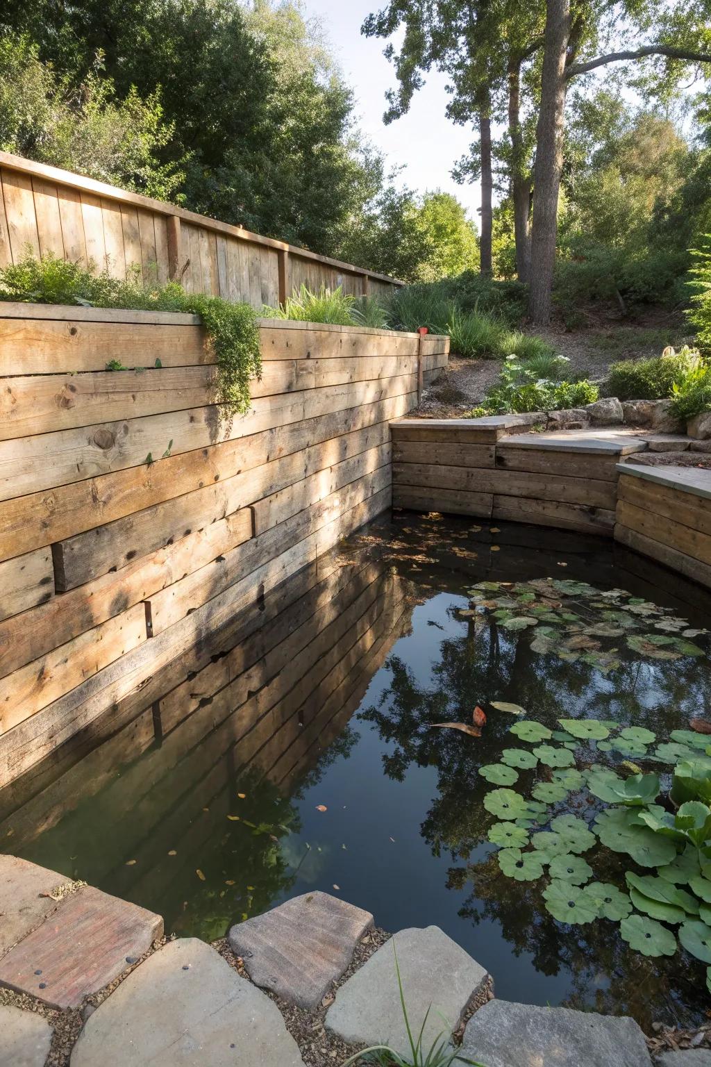 Transform your garden pond into a rustic retreat with pallet wood charm.
