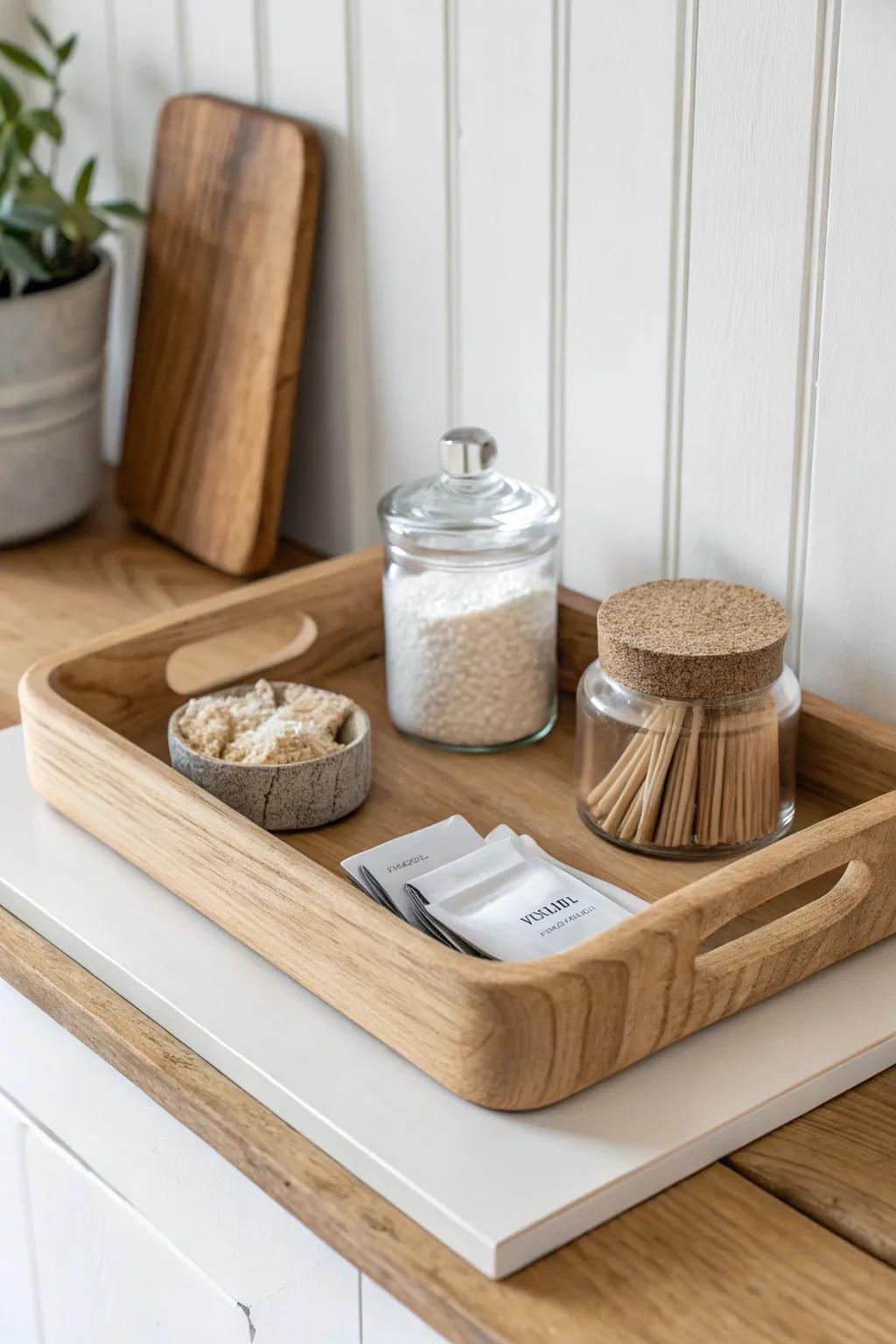A simple catchall tray turns daily pantry essentials into a calm, clutter-free decor moment.