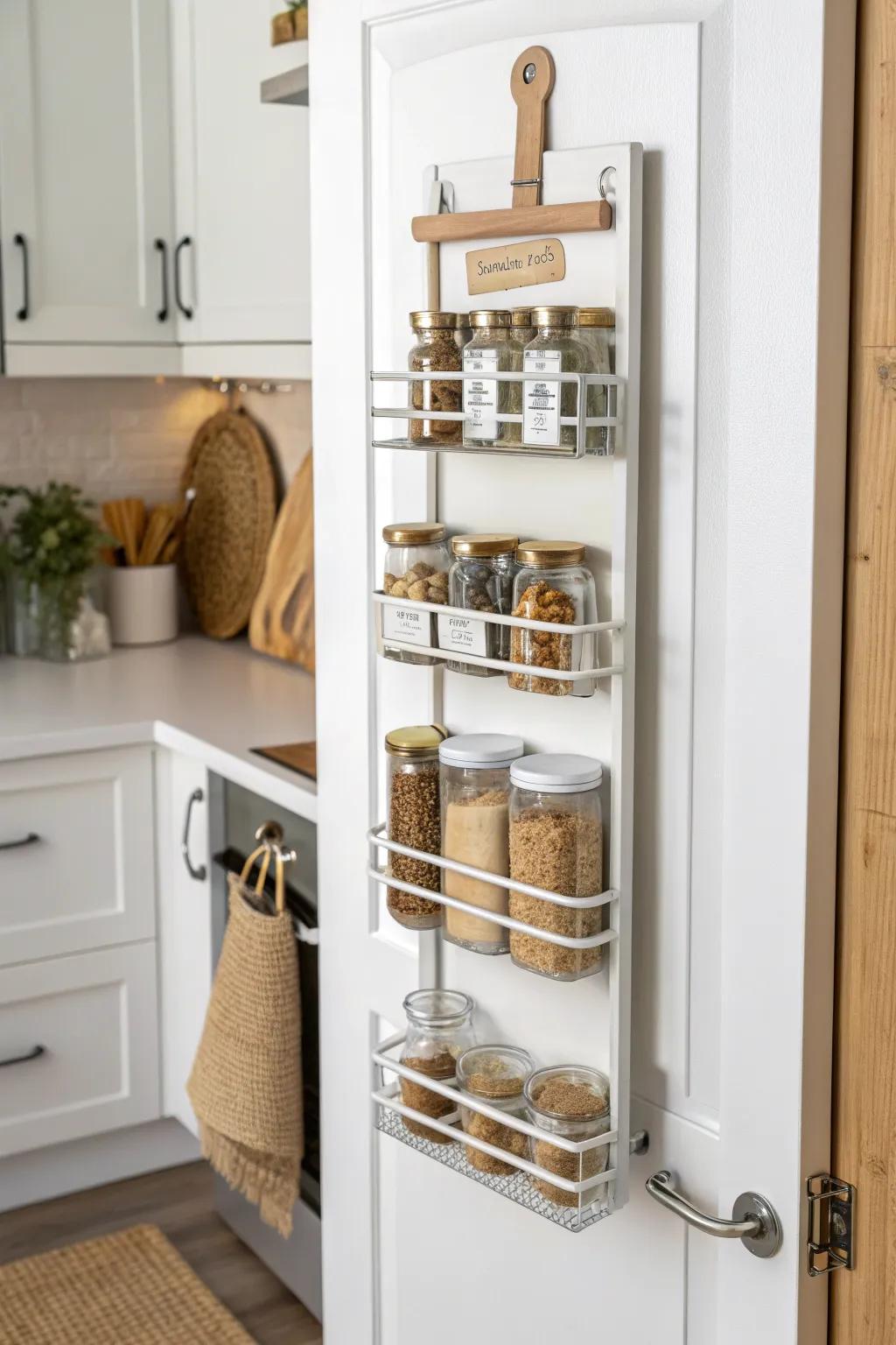 Max out the pantry door: a slim vertical rack keeps spices, wraps, and snacks within reach.